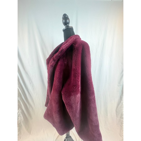 Burgundy Faux Fur Teddy Coat Oversized Notched Lapel Open Front Jacket Wine Red - Picture 13 of 13